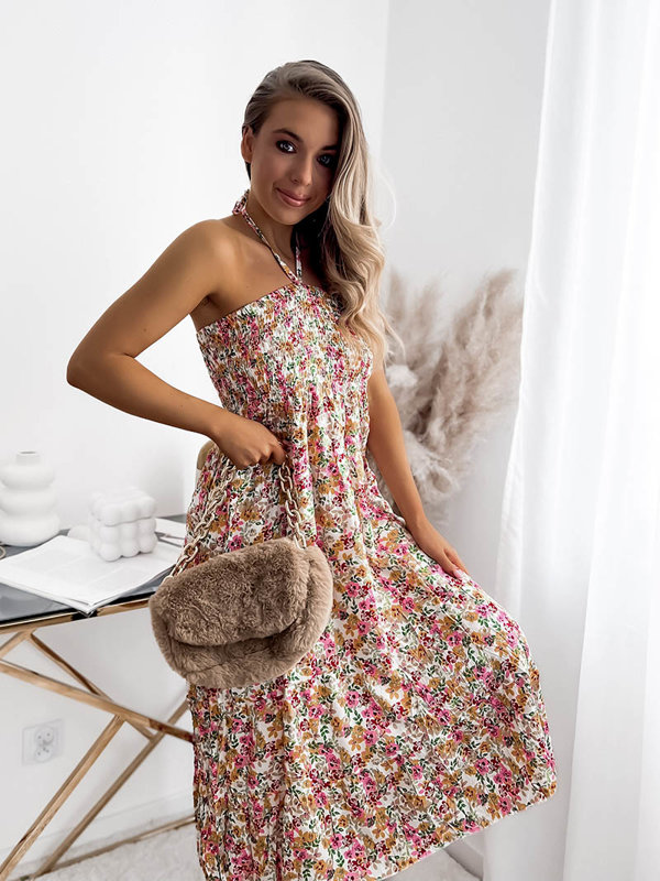 Fehér női midi ruha virágmintával PLUS SIZE - Ruházat