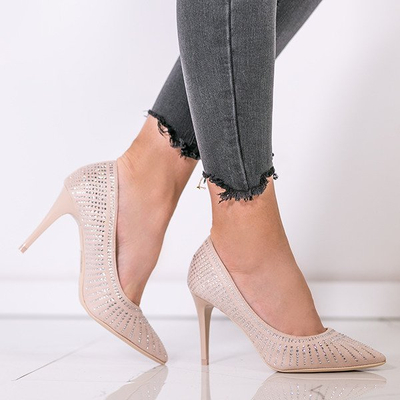 Beżowe czółenka z ozdobnymi cyrkoniami na szpilce Cyrina - Obuwie