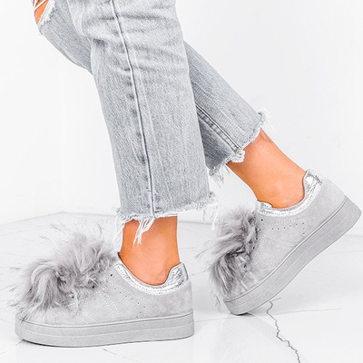 Szare tenisówki z pomponami Halie - Obuwie