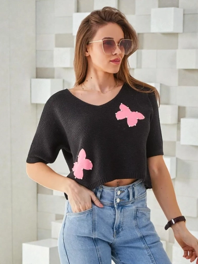 Royalfashion Női Pamut Rövid Pulóver Lepkék Motívummal
