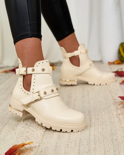 Royalfashion Cream női díszített Jewel Walk lapos sarkú csizma