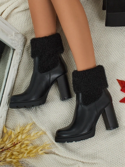 Tirave női öko bőr bokacsizma vastag sarokkal és kötött anyaggal