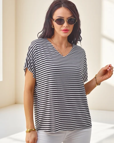 Royalfashion Női viszkóz csíkos blúz rövid ujjakkal és csillámló felülettel