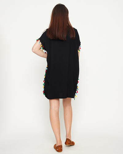 Női fekete nyári strandtunika rojtokkal - Ruházat