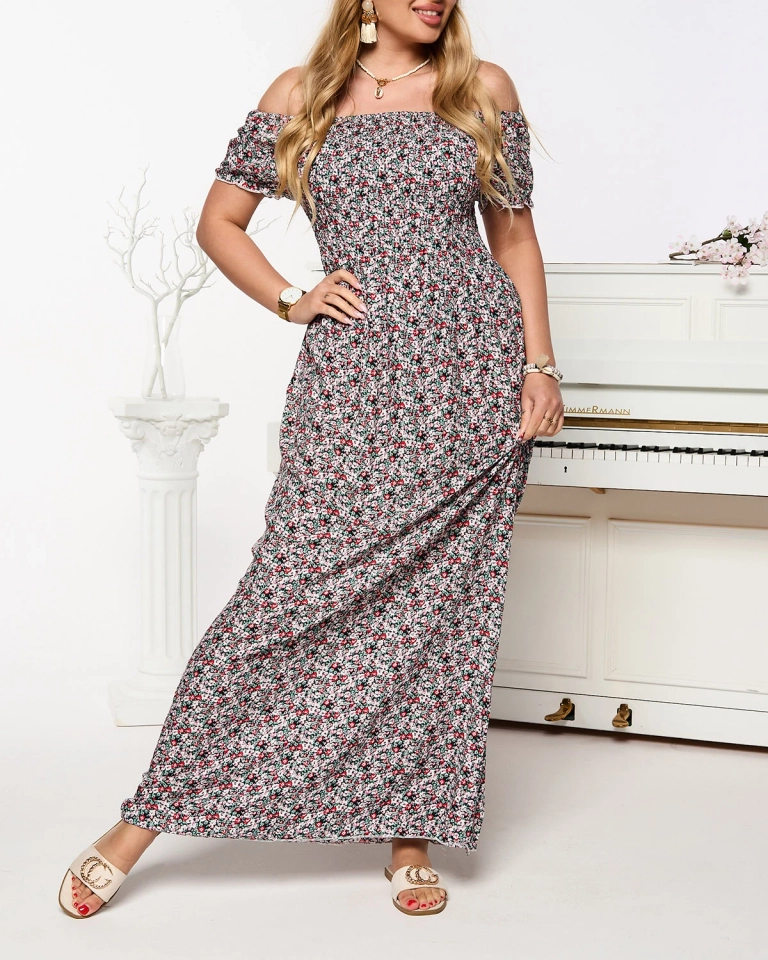 Rózsaszín női maxiruha a'la hiszpanka virágos mintával- Ruházat