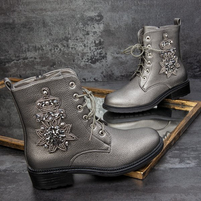 Szare workery z ozdobą Felicitas - Obuwie