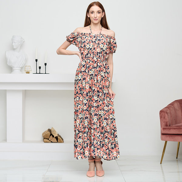 Hosszú sötétkék női ruha korall virágokkal - Ruházat