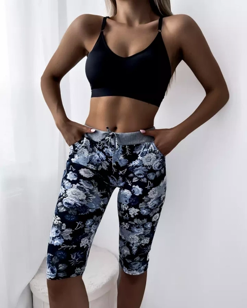 Kék női 3/4 hosszúságú virágmintás rövidnadrág - Ruházat