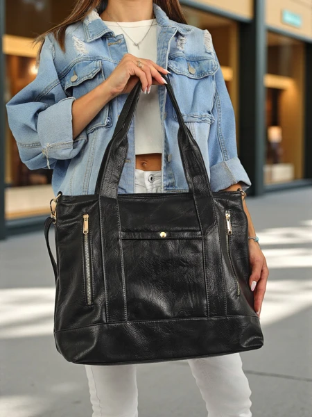 Női öko-bőr táska Nerina – fekete olasz shopper cipzárral