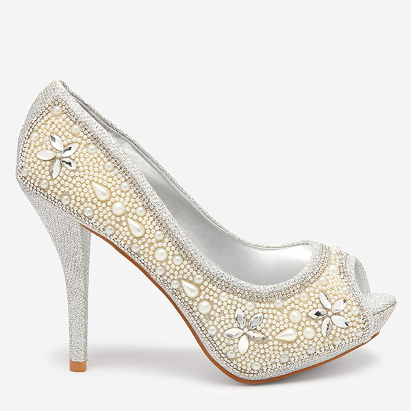 Női ezüst brokát szivattyúk köbös cirkóniával és Gitana gyöngyökkel - Lábbeli