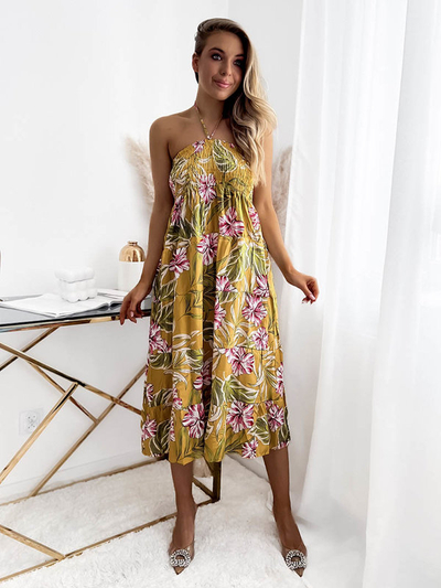 Sárga női midi ruha virágmintával - Ruházat
