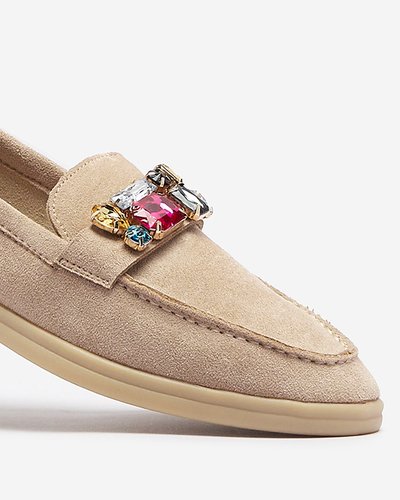 Eco velúr világosbarna női mokaszin díszes kristályokkal Nellens- Footwear