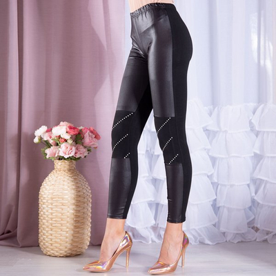 Czarne damskie spodnie z cyrkoniami - Spodnie