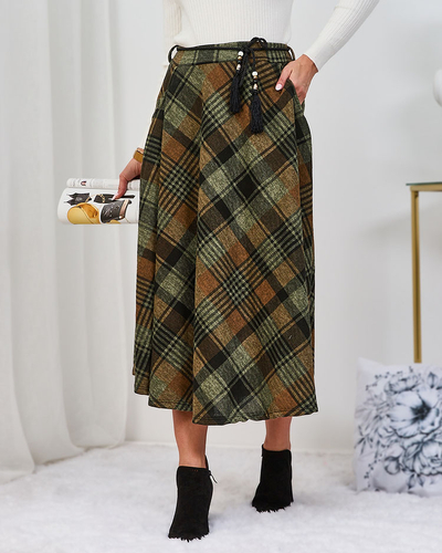 Royalfashion Világosbarna és zöld női kockás midi szoknya