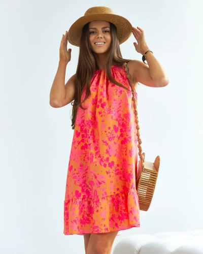 Royalfashion Narancs-rózsaszín női rövid virágos ruha