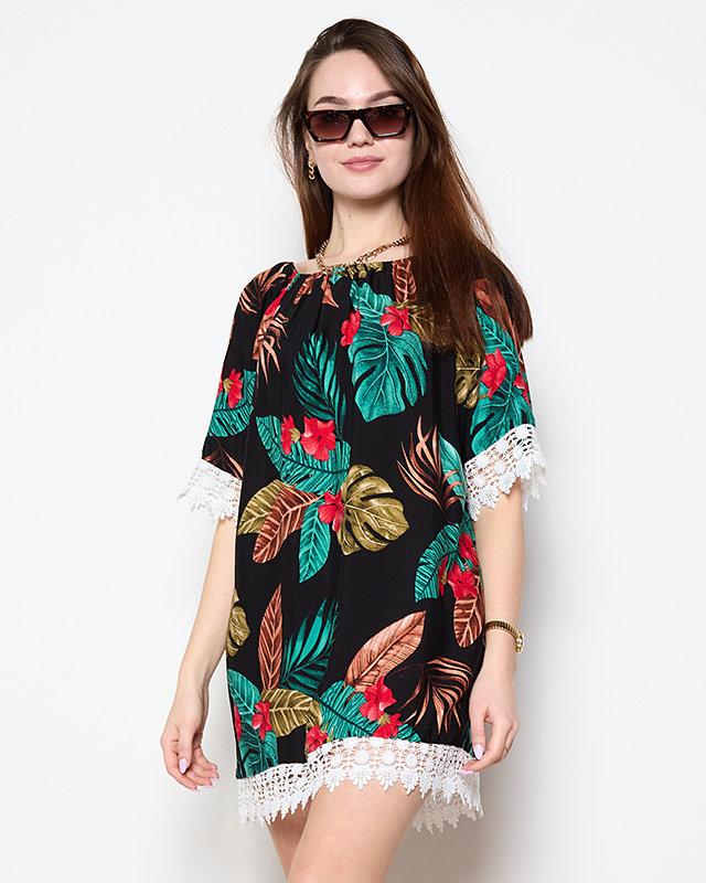 Női fekete virágos blúz PLUSZ MÉRET - Ruházat