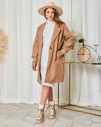 Royalfashion Női térdig érő kabátkabát világosbarna színben