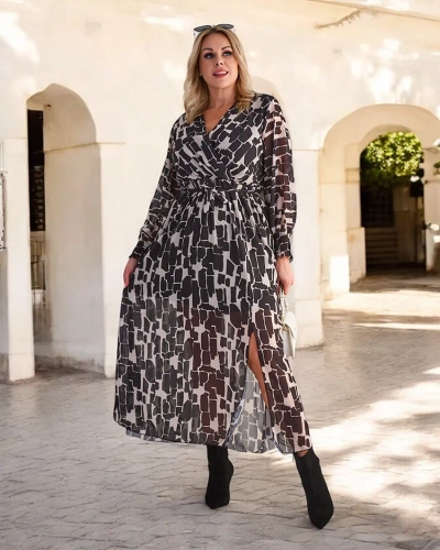 Royalfashion Fekete és bézs mintás női maxiruha