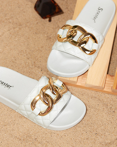 OUTLET Kék női steppelt papucs arany lánccal Eteris - Lábbeli