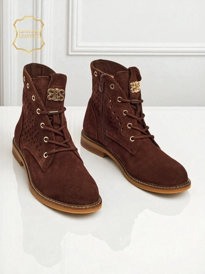 Aurelia Barna Velúr Szőrmés Áttört Elegáns Bokacsizma 2,5cm
