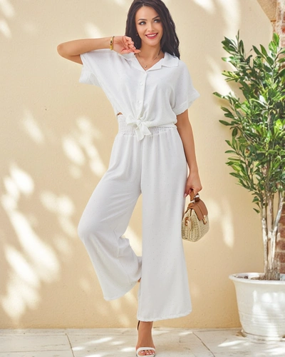 Royalfashion Női szett, megkötős, rövid ujjú inggel és flared nadrággal, strasszokkal díszítve