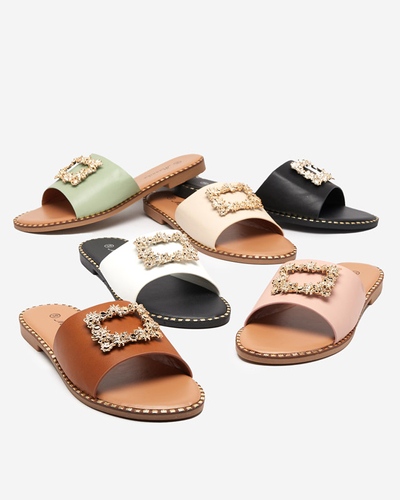 Világosbarna női elegáns papucs arany díszítéssel Meriso - Lábbeli