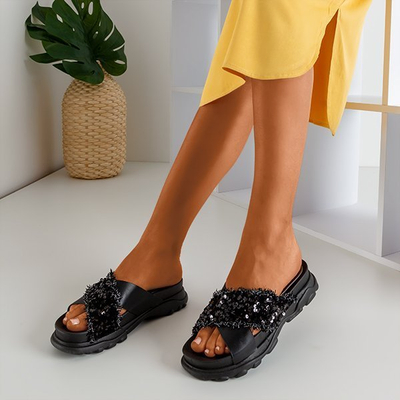 Czarne damskie klapki z cekinami Kobi - Obuwie