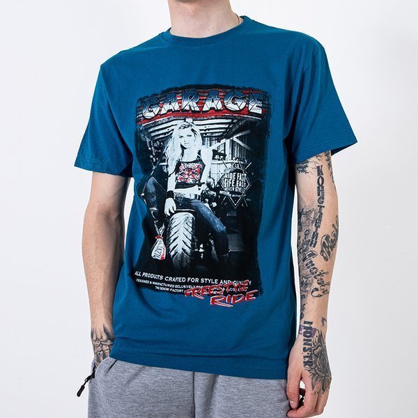 Türkiz pamut férfi póló, nyomtatással és felirattal díszítve - Ruházat