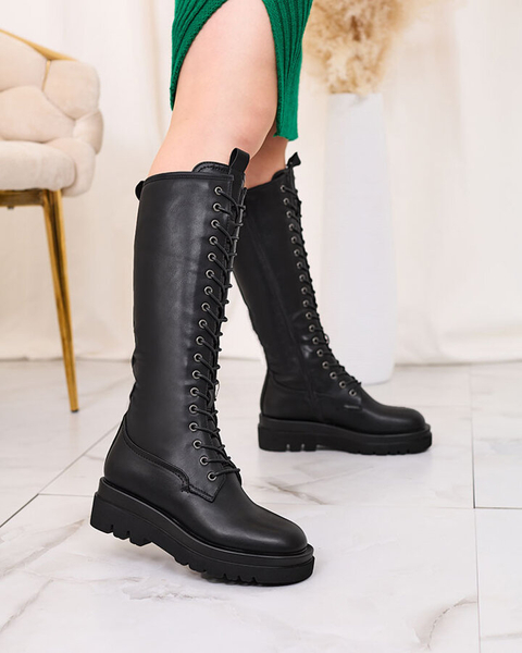 Royalfashion Fekete fűzős női csizma Decovbo