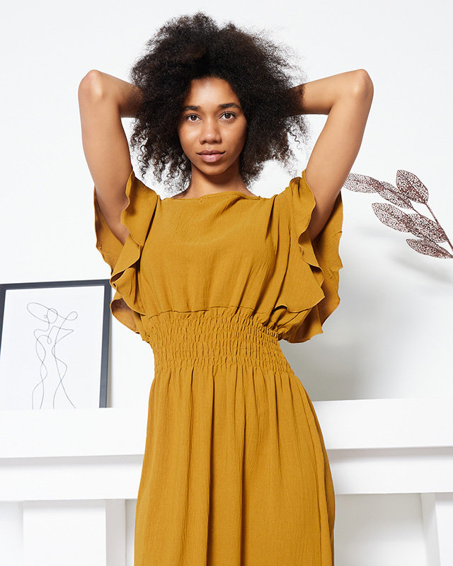 Midi ruha elasztikus derékkal, mustár színben - Ruházat