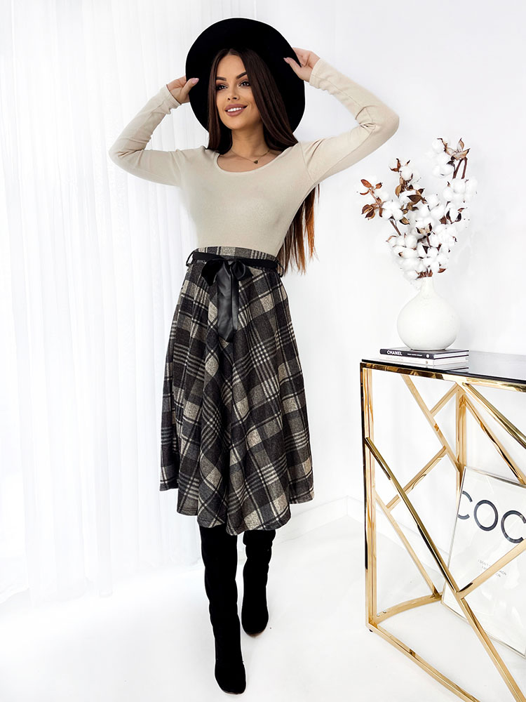 Royalfashion Szürke női kockás midi szoknya