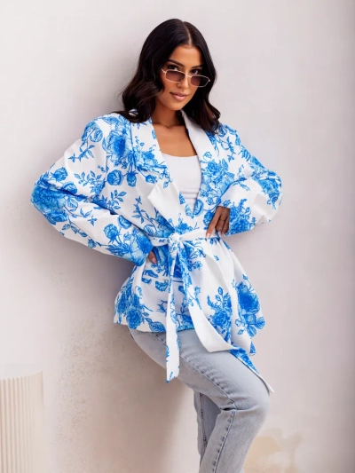 Royalfashion Virágmintás női szett megkötős blézerrel és short-szoknyával