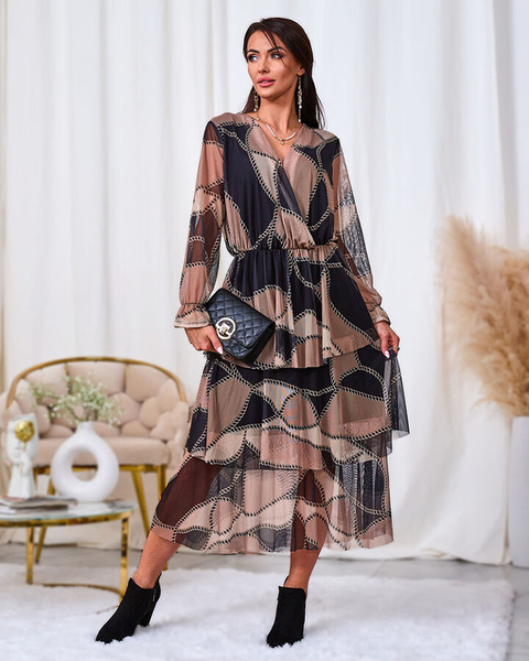 Royalfashion Fekete és világosbarna hálós midi ruha nyomtatással