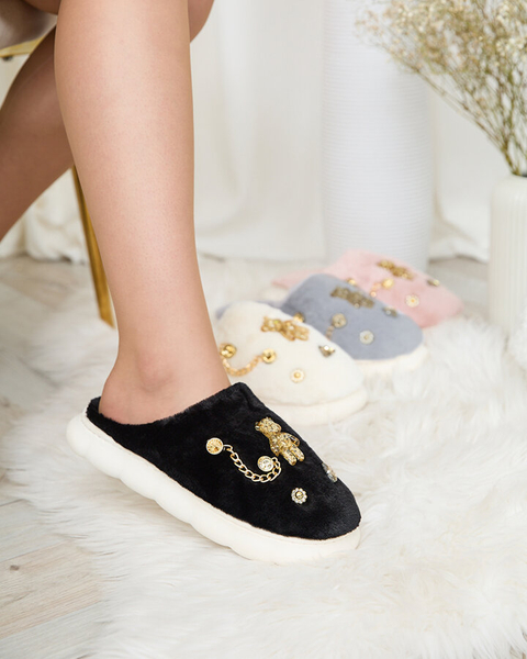 Royalfashion Fekete női szőrme papucs díszítéssel Erserra