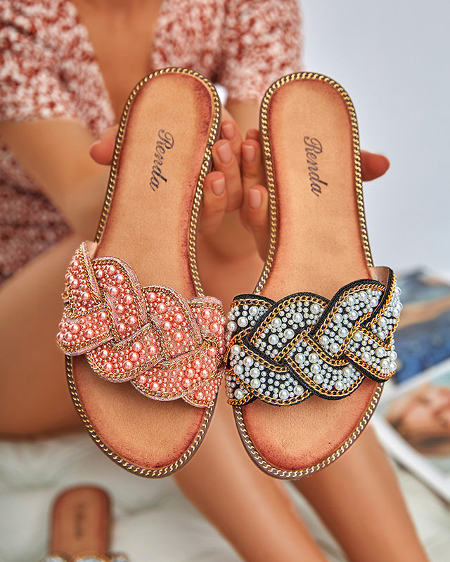 Fekete női papucs gyöngyökkel és gyöngyökkel Cetera - Cipők