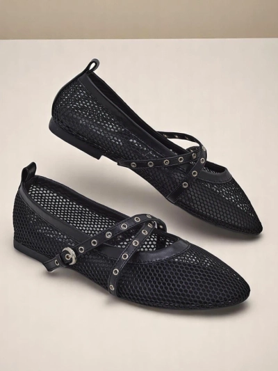 Royalfashion Arethusa Nero hálós balerinák lapos sarokkal