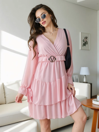 Royalfashion Női mini ruha fodrokkal és átkötős nyakkivágással