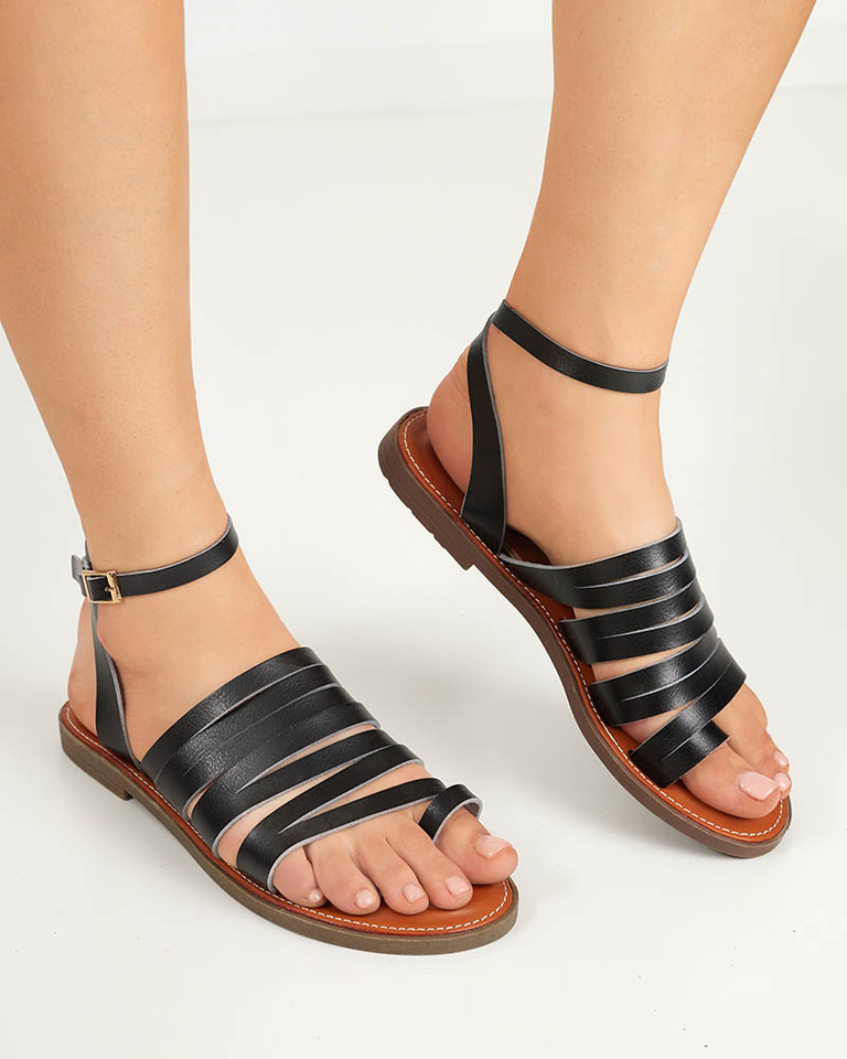 OUTLET Fekete női öko-bőr szandál lapos sarkú Gremi - Lábbeli