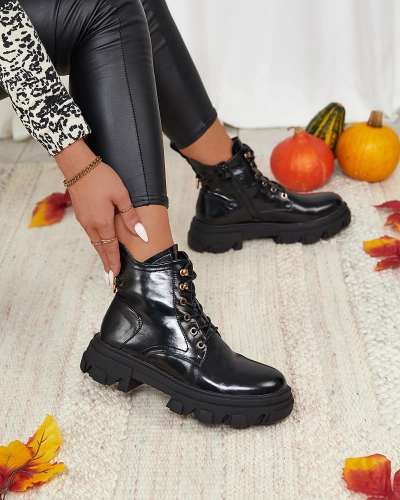 Royalfashion Fekete öko-bőr női szigetelt Selori trapper csizma