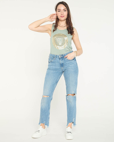 Sötétzöld vállblúz mintával és cirkóniával - Ruházat