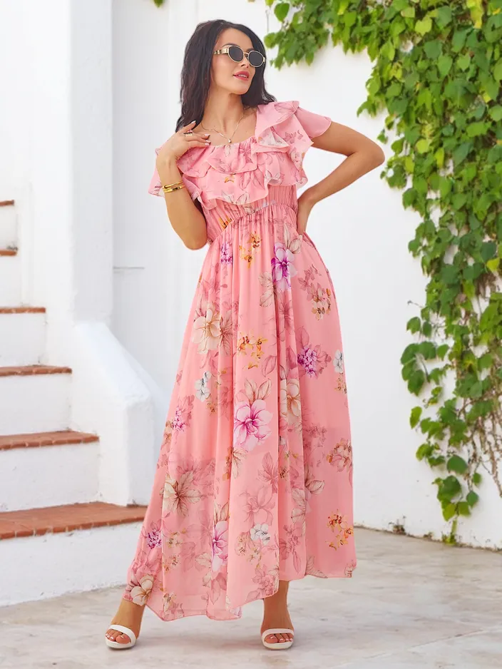 Royalfashion Női V-nyakú ruhája rövid ujjakkal, vegyes virágmintával