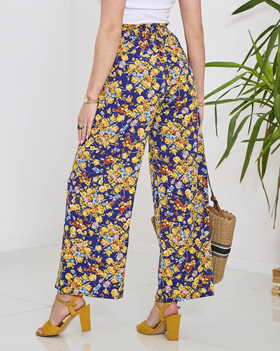 Női kék palazzo nadrág tengerészkék virágokkal- Ruházat
