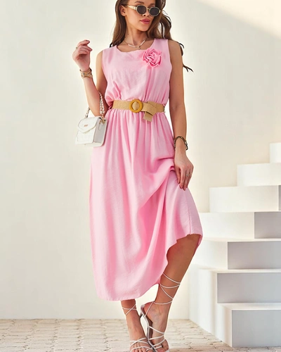 Royalfashion Női midi ruha pántokkal, környakkivágással és díszítő virággal.