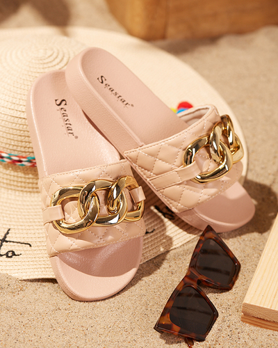 OUTLET Női bézs steppelt papucs arany lánccal Eteris - Lábbeli