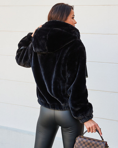 Royalfashion Fekete női szőrmeimitációs kabát