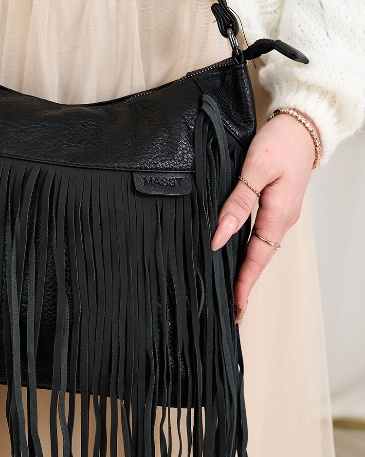 Royalfashion Nagy női kézitáska bojtokkal, fekete színben