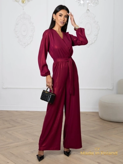 'Valentina' bordó női jumpsuit hosszú ujjakkal és széles szárral