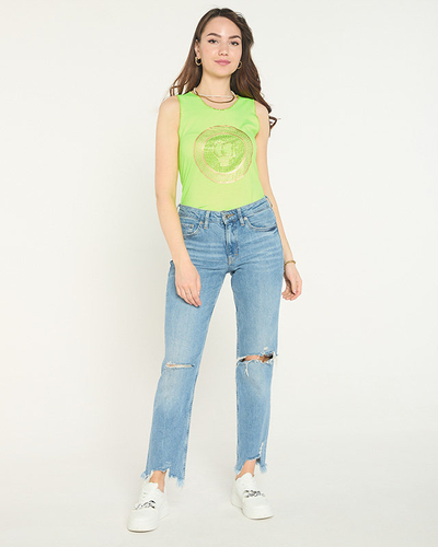 Zöld neon blúz vállpántokkal, mintával és cirkóniával - Ruházat