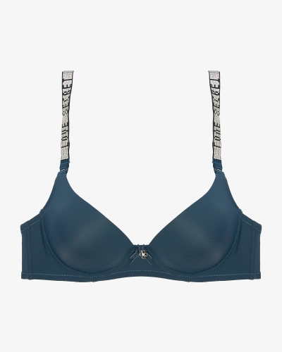 Royalfashion Navy kék egyszínű push-up melltartó díszített pántokkal