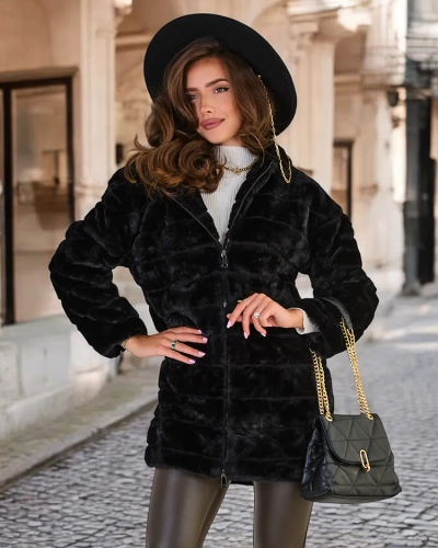 Royalfashion Fekete szőrme női kabát